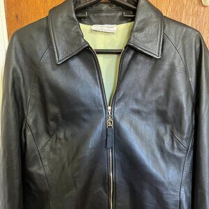 St John Sports by Marie Black Leather Jacket with Green Lining